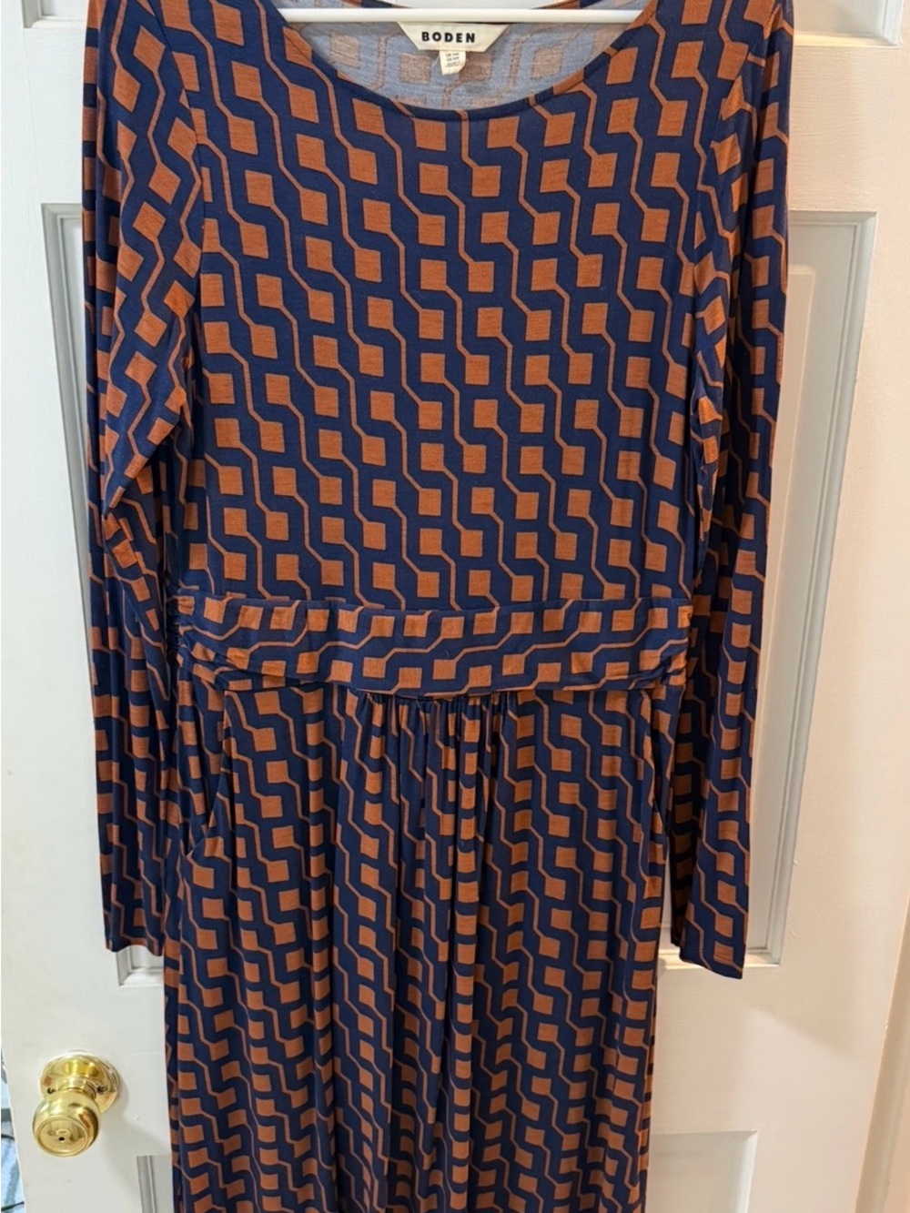 Boden Navy and Rust Geometric Long Sleeve Midi Dress